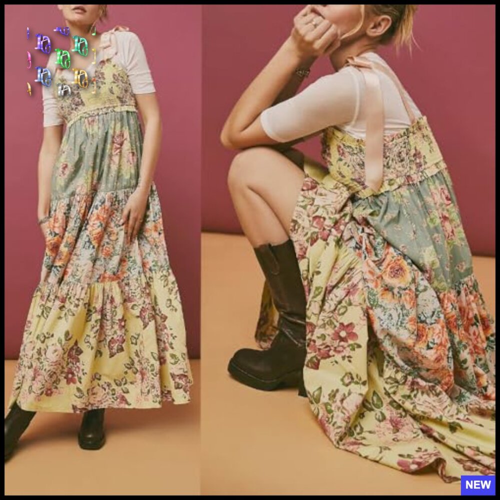 Boho Floral Maxi Dress Smocked Bodice Tiered Skirt Tie Shoulder Pockets - Picture 6 of 6